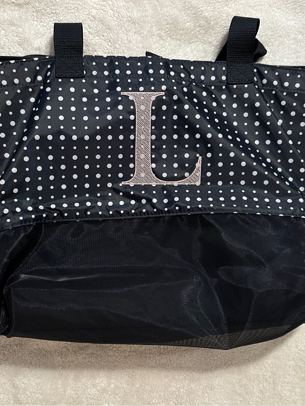 Black Polka Dot Thirty-One Insulated Tote with Pink 'L' Accent